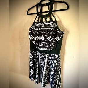 Black & White Aztec-Print Swim Mini with Olive Straps